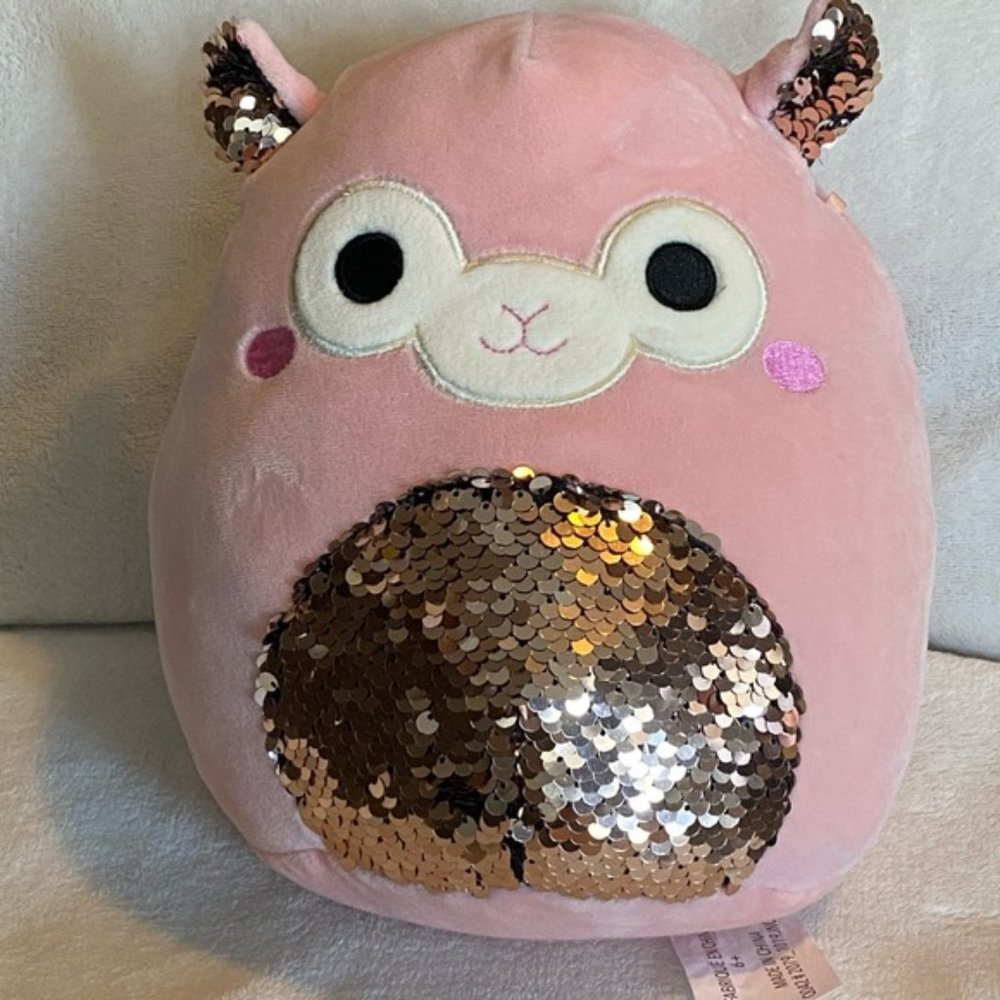 Squishmallows Kellytoy pink Llama Alpaca plush sequins on tummy 9”